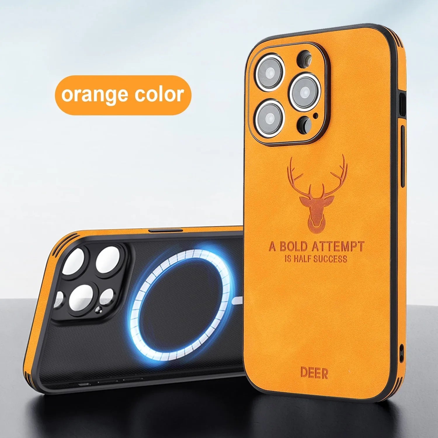 iPhone 16 magnetic charging case with embossed moose head design on imitation leather in multiple colour options