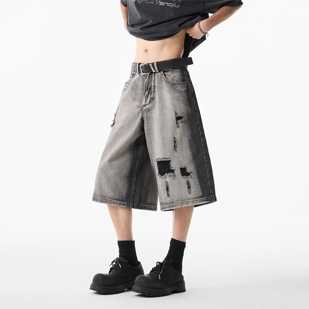 High Street loose fit cotton denim shorts in gray with water washed hole detail for summer