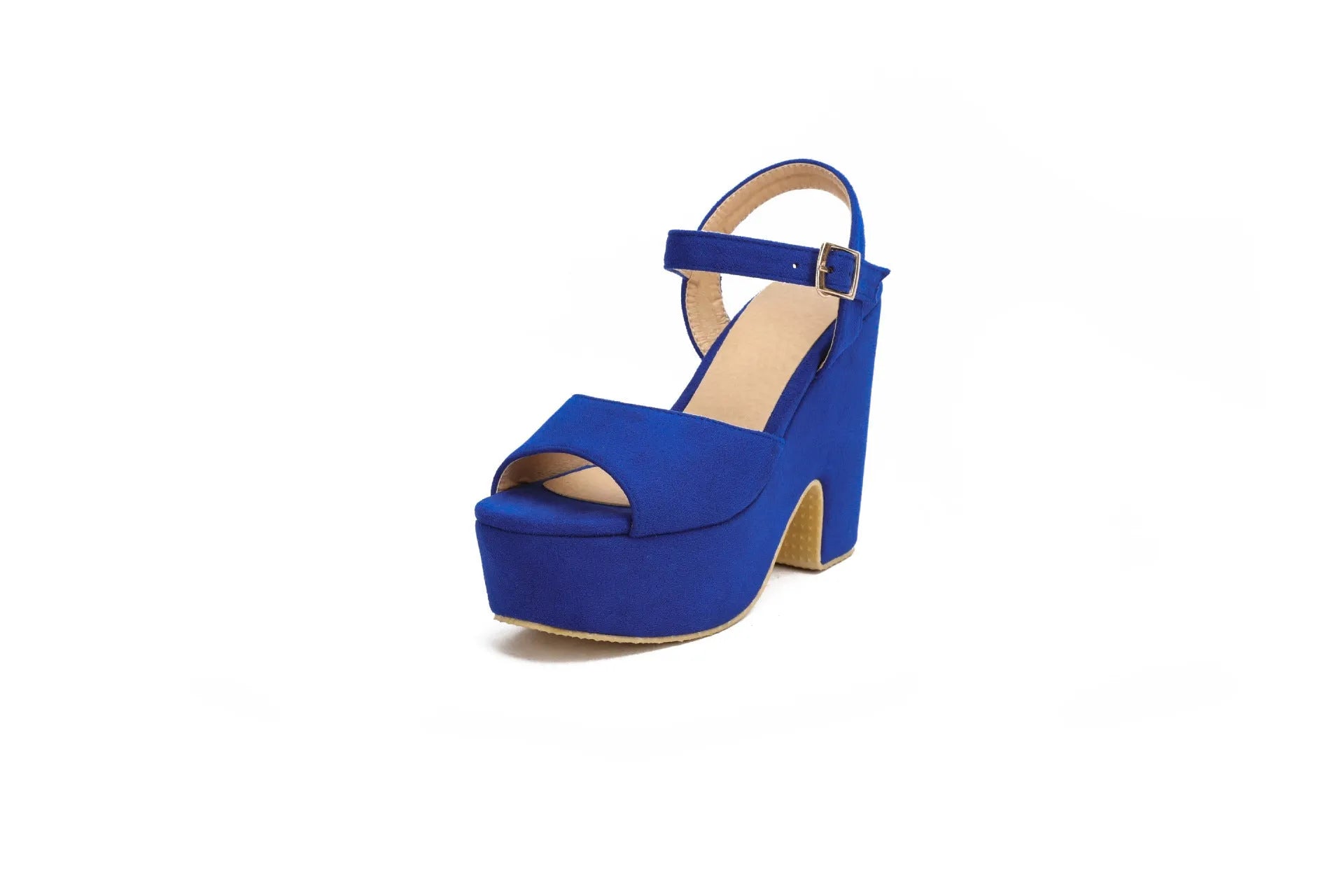 Women's black platform sandals with adjustable ankle strap and open toe design on suede upper