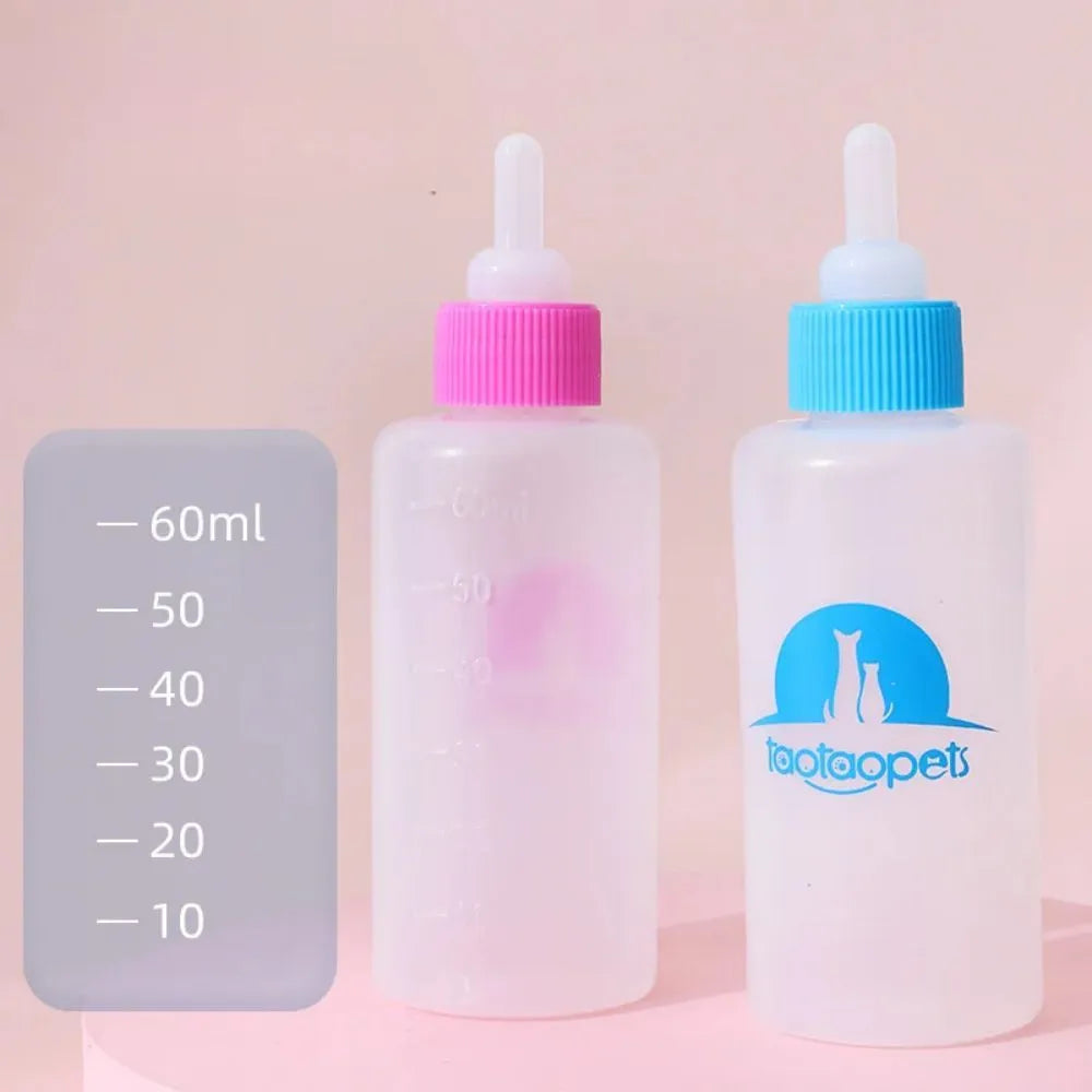 Four pet milk bottles in yellow, pink, blue, and green with cleaning brush on light background