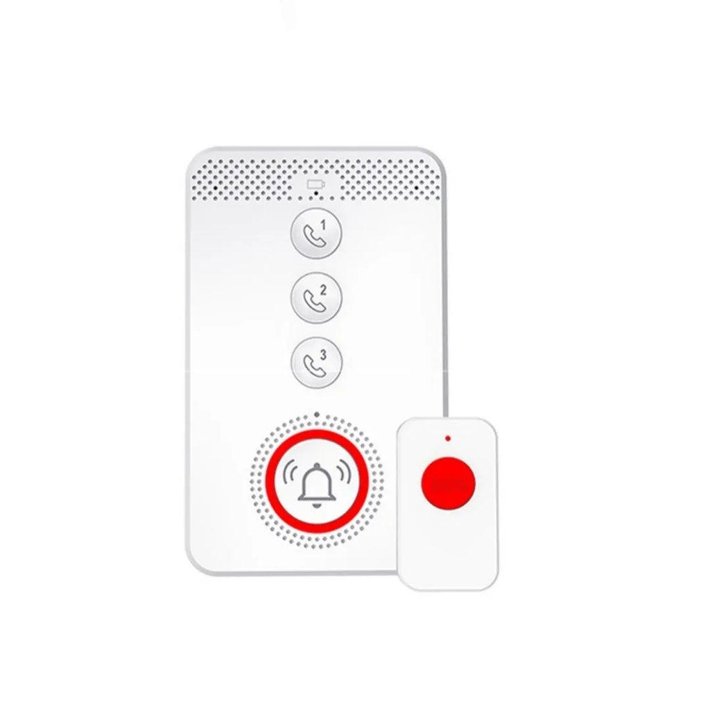 White emergency alert system with wireless buzzer and three panic buttons for elderly safety