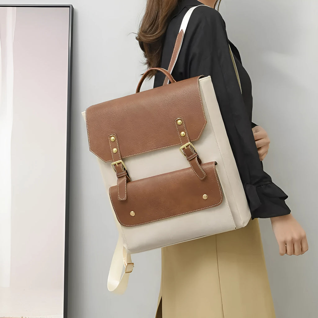 Korean style retro backpack in soft PU leather showing ventilation features and available colour options