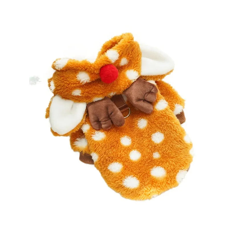 Fleece-lined pet coat with elk pattern on a dog, available in six sizes from XS to XXL