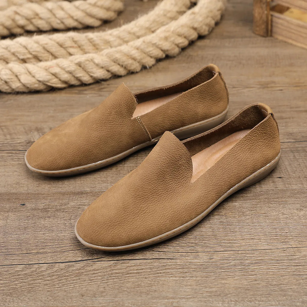 Handmade men's wedge shoes in khaki colour with low-top design and rubber sole