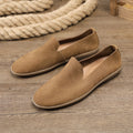 Handmade men's wedge shoes in khaki colour with low-top design and rubber sole