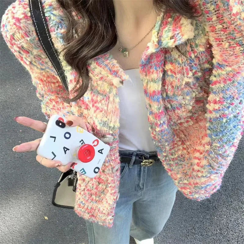 Green retro rainbow knitted cardigan with toothbrush hair fabric and slim fit
