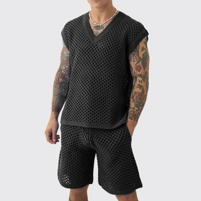 Men's blue V-neck sleeveless vest and matching shorts summer sports set on hanger