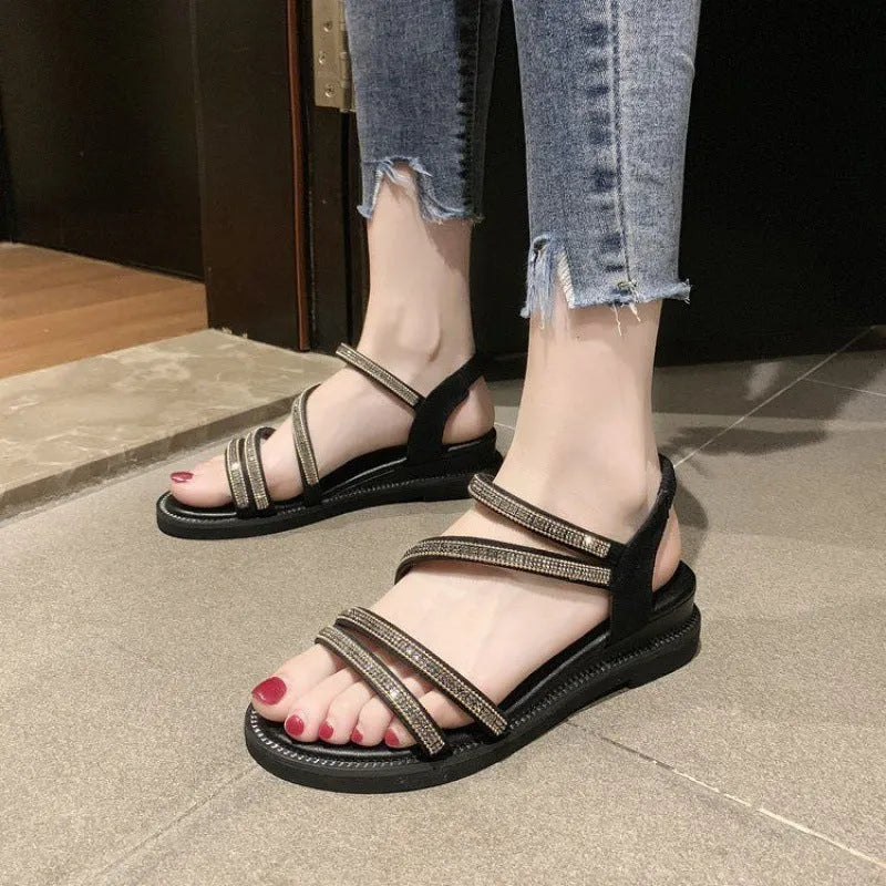 Women's Korean-style casual sandals with rhinestone decorations and non-slip rubber soles in gold colour