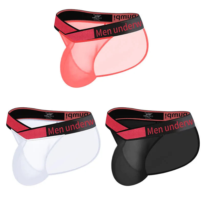 Men's transparent ice silk nylon briefs with low waist large V gradient design in red colour