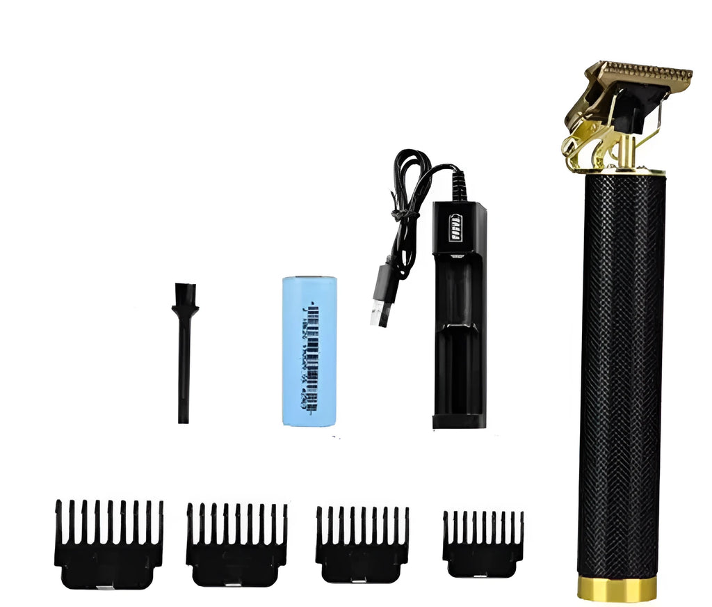 Black electric hair clipper with gold steel blade, rechargeable USB, includes 4 combs and cleaning brush