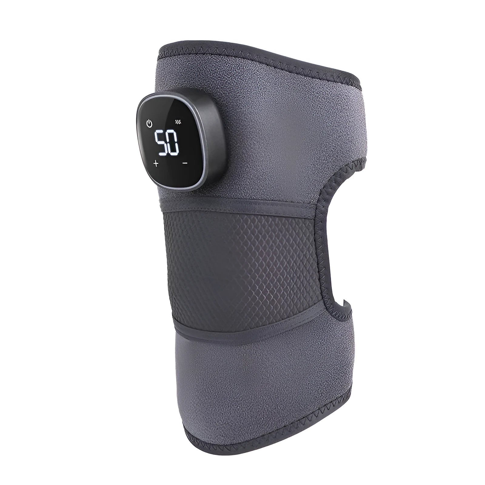Warm electric heating knee pads in charcoal grey neoprene with velcro straps and rechargeable battery pack