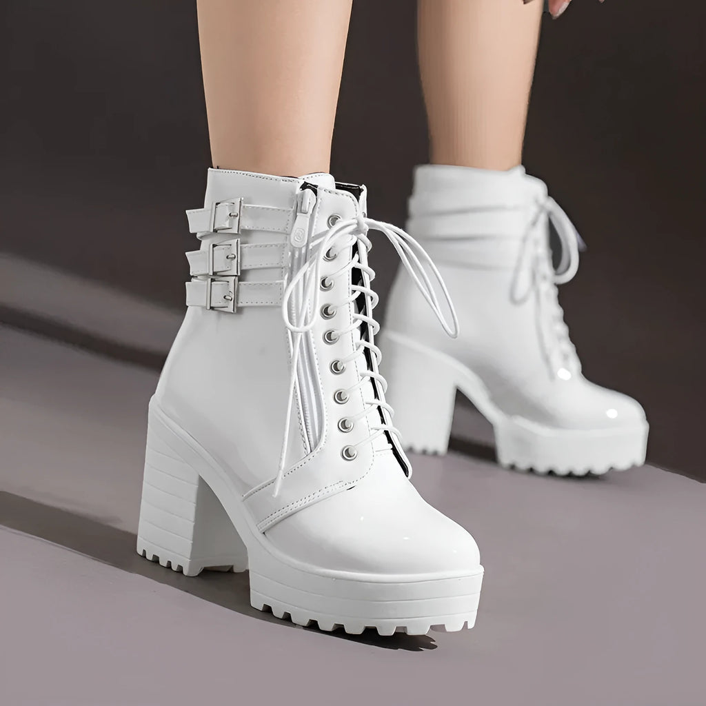 Women's casual short boots with thick heel and waterproof platform in solid colours like black and red