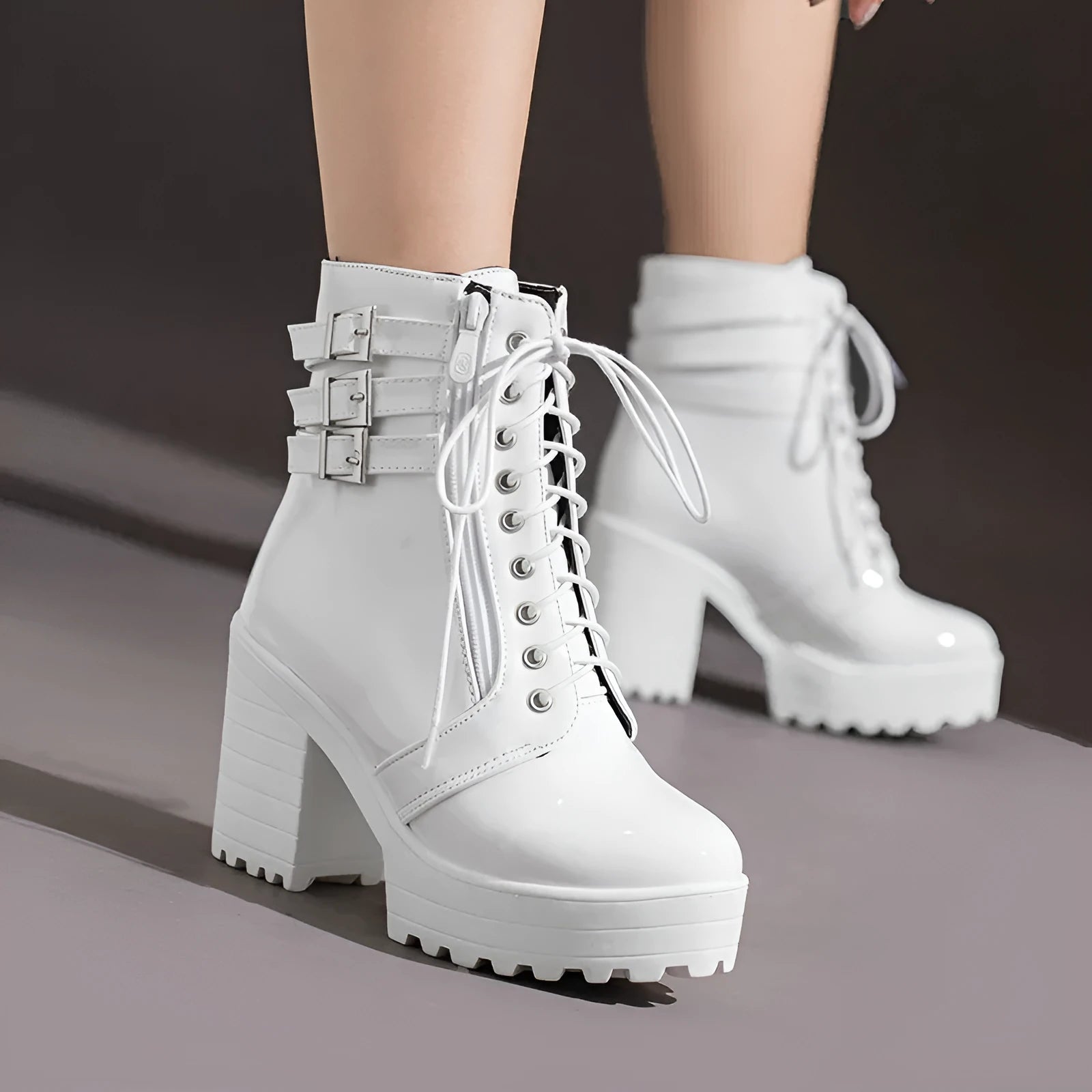 Women's casual short boots with thick heel and waterproof platform in solid colours like black and red
