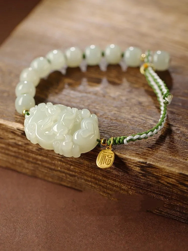 Year of Rabbit Hetian jade bracelet with S925 silver blessing card on red ice cotton rope
