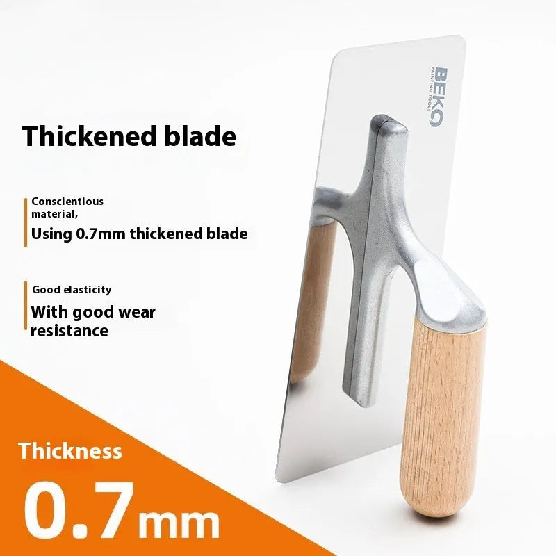 Stainless steel putty scraper with wooden handle in three different blade sizes for wall and floor repair.