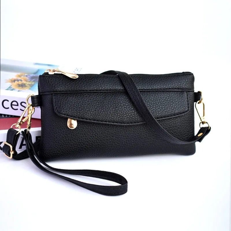 Simple soft surface PU crossbody shoulder bag in horizontal square shape with sandwich zipper compartment, multiple colour options available.
