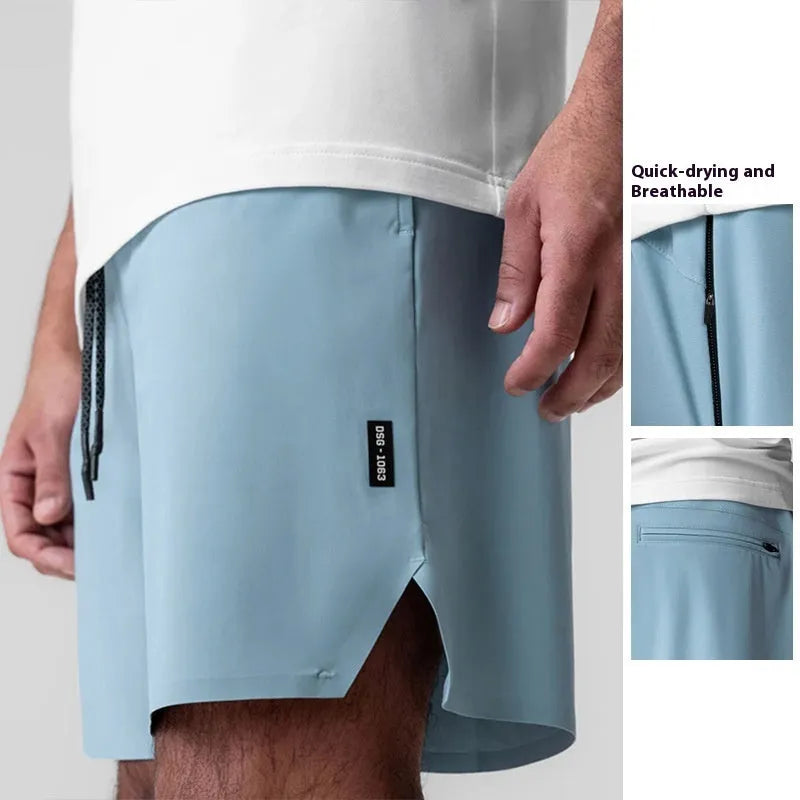 Men's seamless quick-drying sports shorts in black with multi-bag design, shown straight-leg cut