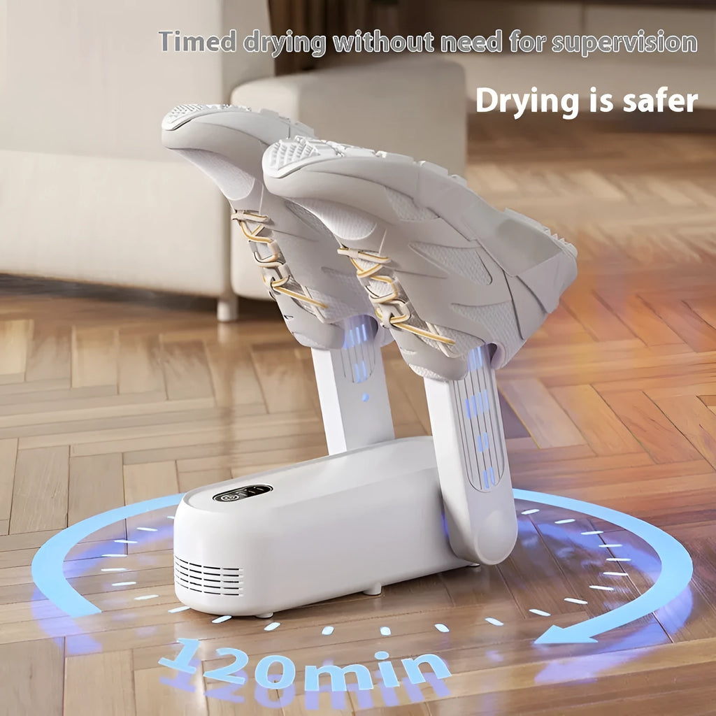 D4 intelligent automatic shoe dryer with white finish and two drying nozzles for home use.