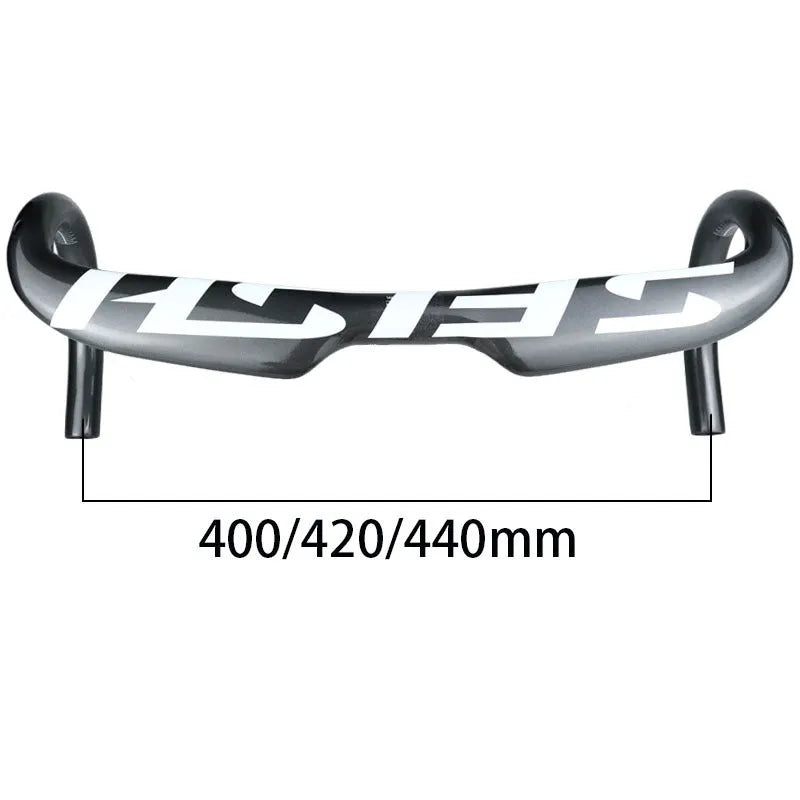 Carbon fibre road bike bent handlebar with internal cable routing in black finish, 31.8mm clamp