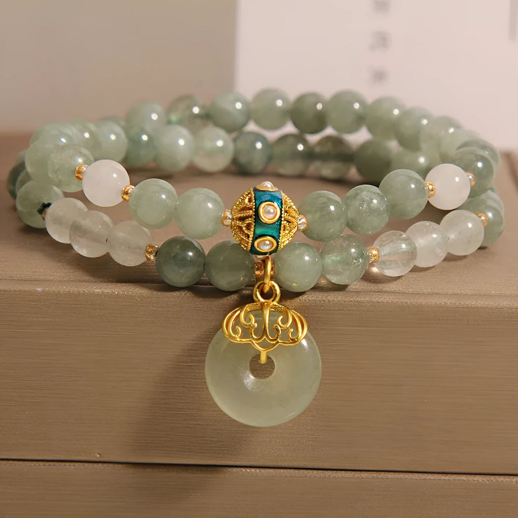 Women's aventurine double-layer crystal bracelet with peace buckle clasp in oil green jade colour