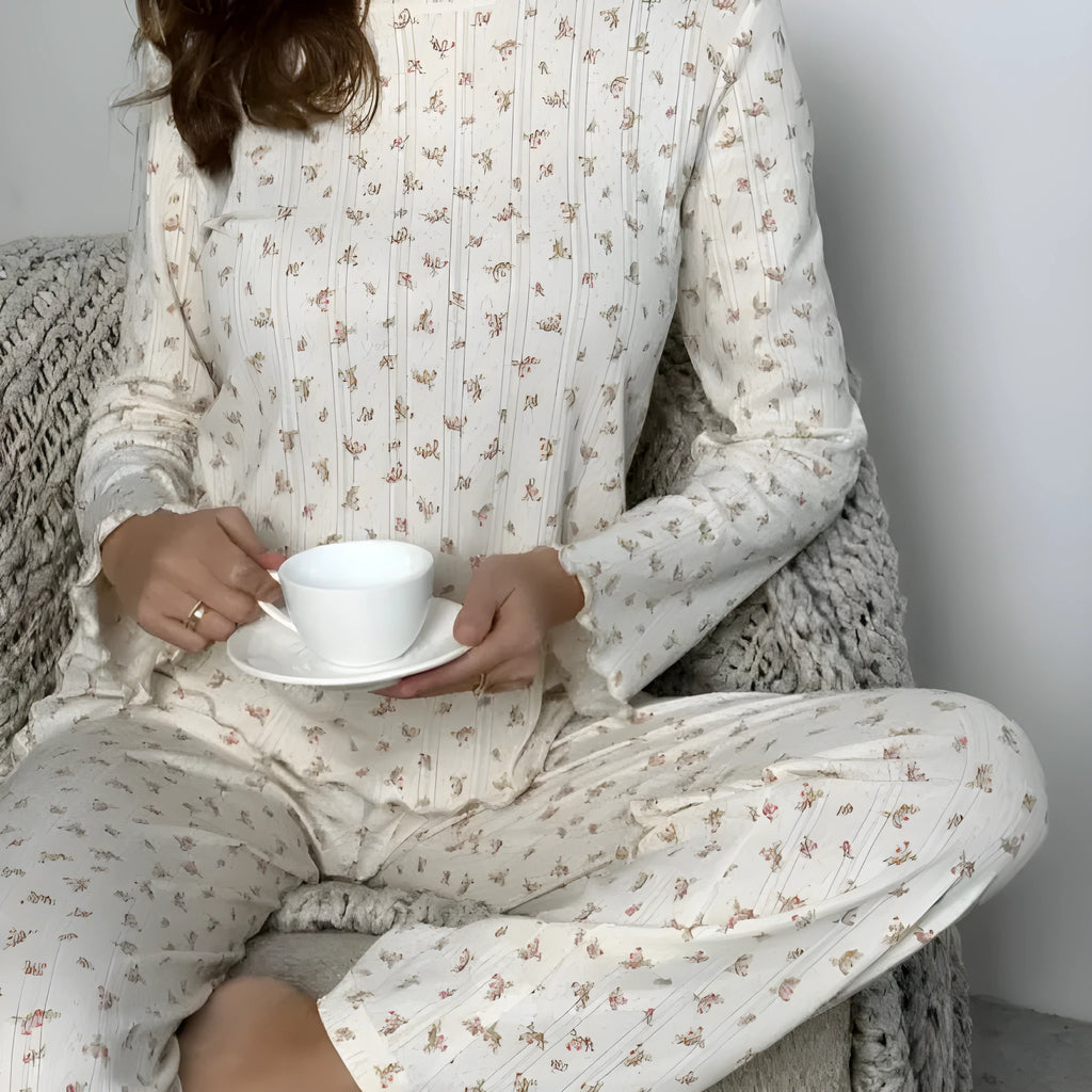 Women's white floral print bell sleeve top and wide leg trousers lounge suit set