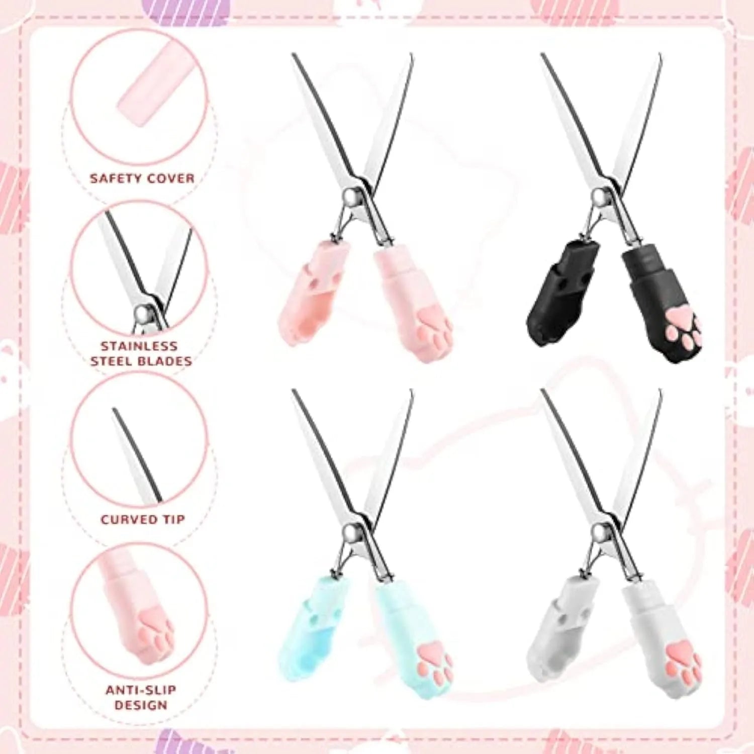 Cat paw mini folding scissors in four colours with stainless steel blades and decorative handles