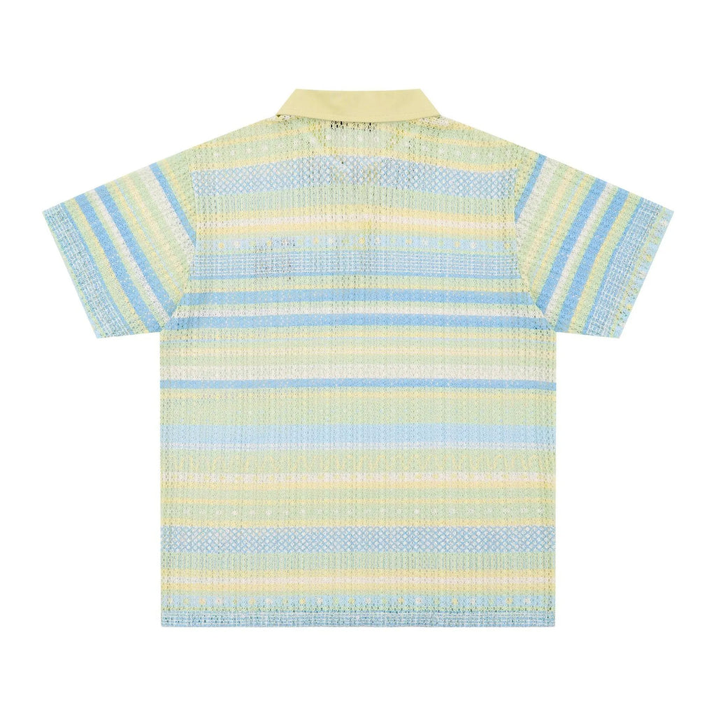 Men's blue printed short sleeve shirt with loose leisure fit and elastic polyester fabric