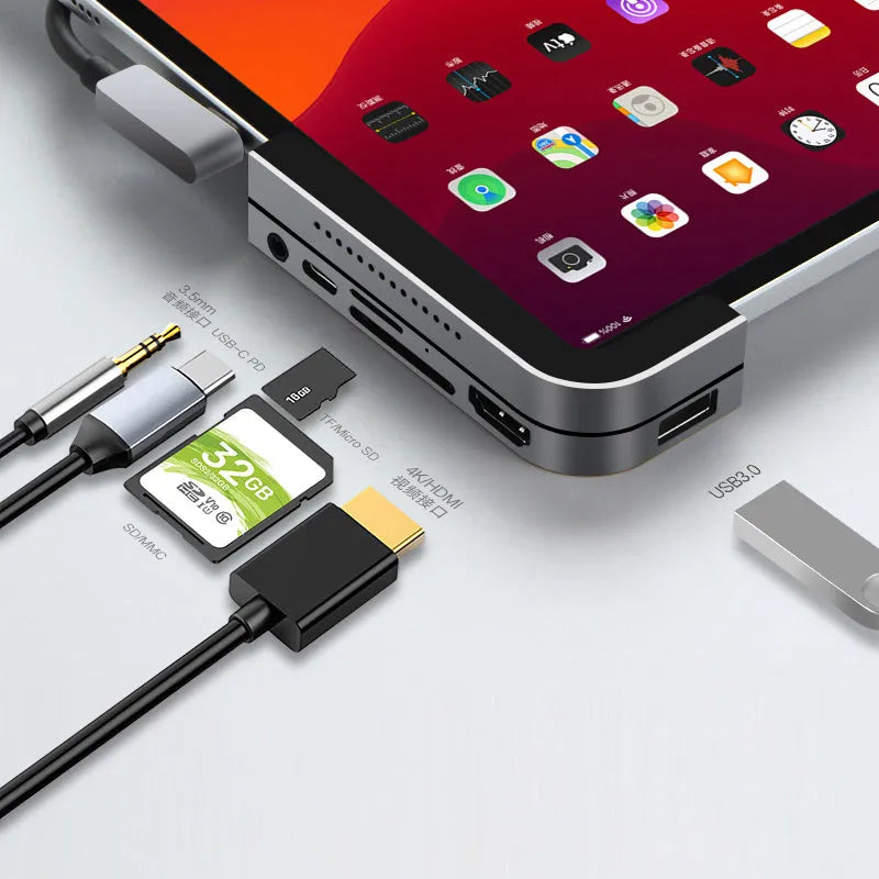 Silver aluminium grey USB-C 6-in-1 docking station for iPad Pro with HDMI and USB ports