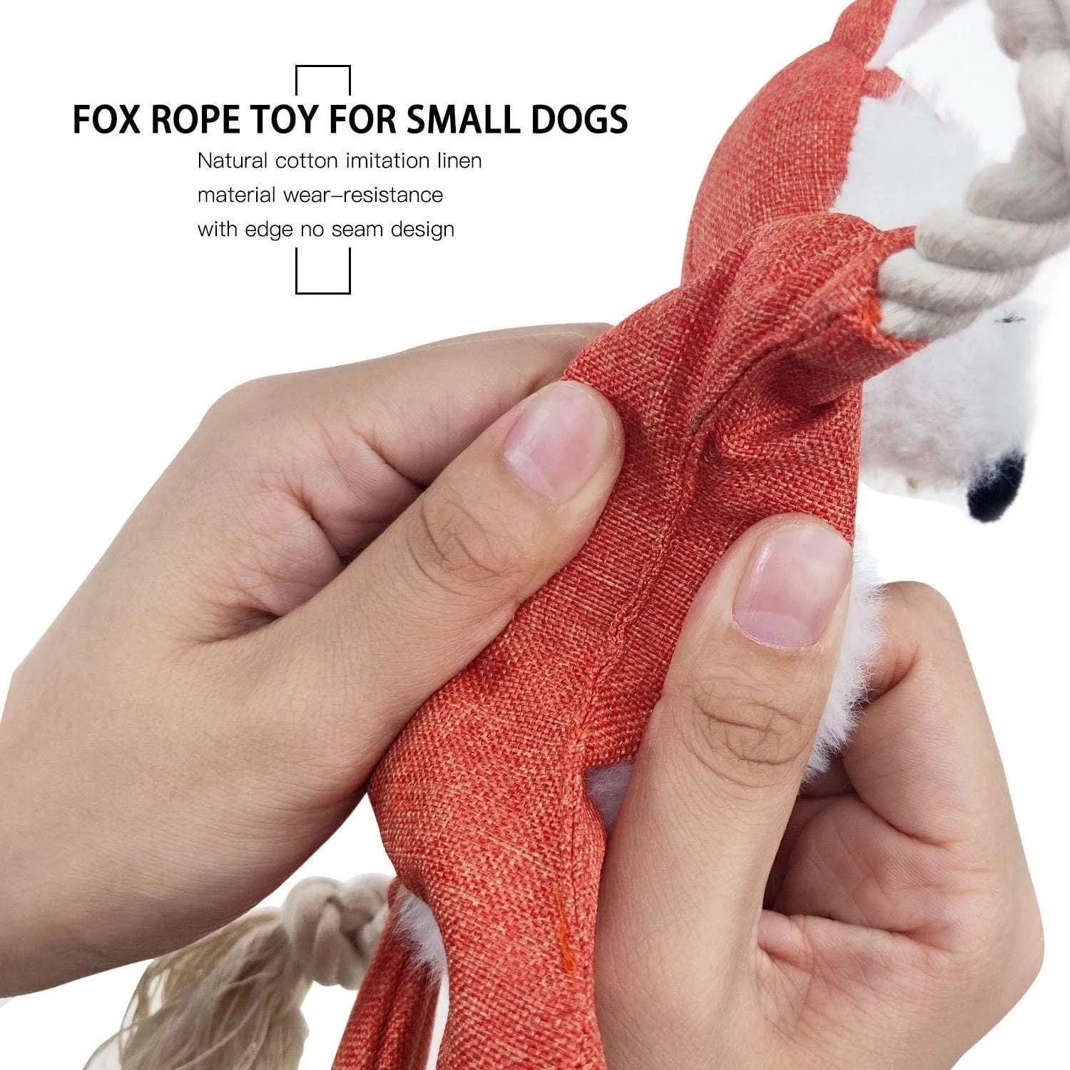 Brown stuffless fox plush dog toy with cotton rope arms, embroidered eyes, and a squeaker.