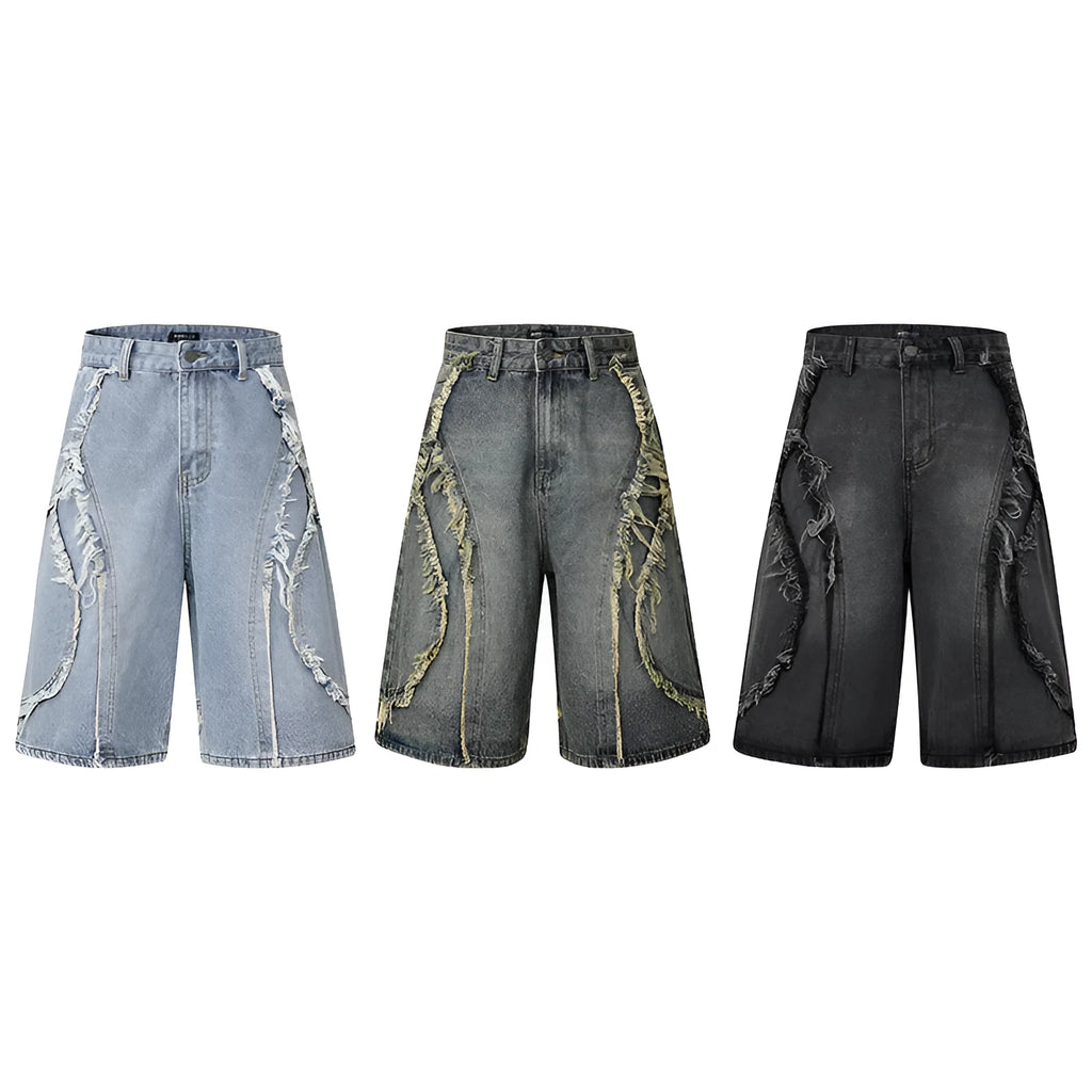 Men's distressed denim shorts with raw edge hem in straight leg fit
