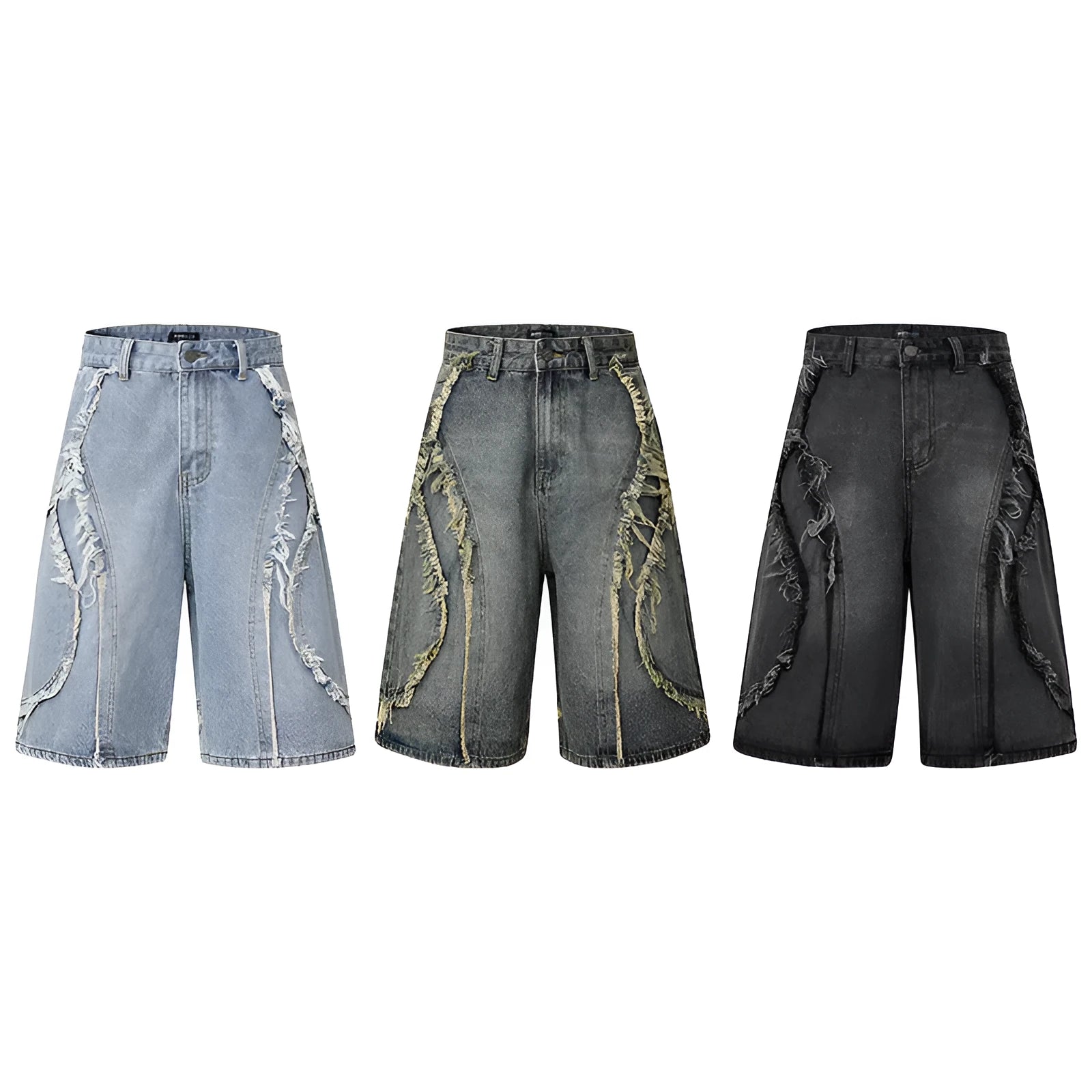 Men's distressed denim shorts with raw edge hem in straight leg fit