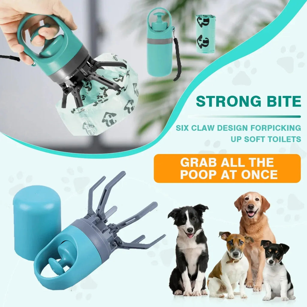 Portable dog pooper scooper with claw scoop and built-in garbage bag dispenser in blue colour
