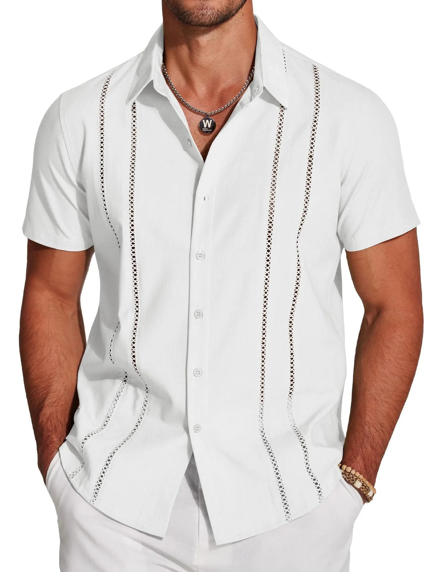 Men's slim fit Hawaiian short sleeve shirt with digital print in colour option R5R9, front view