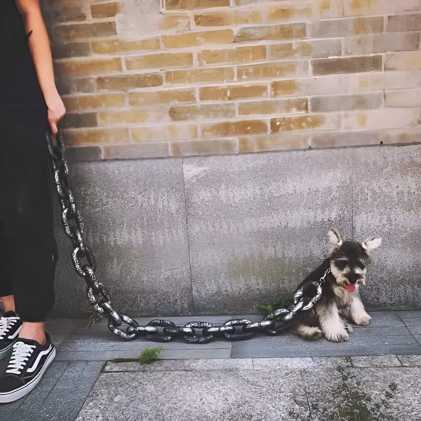 Bronze coloured plastic dog leash simulation prop for video spoofs on a plain background.