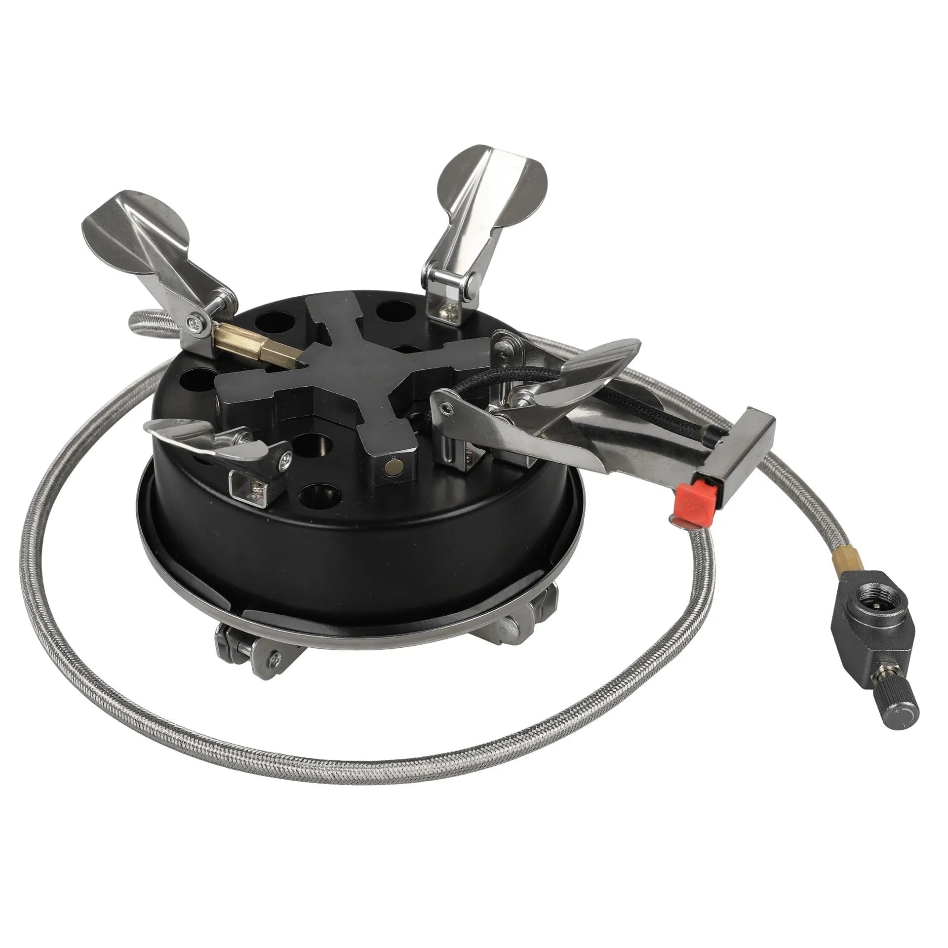 Silver portable split camping stove with stainless steel construction and fuel hose