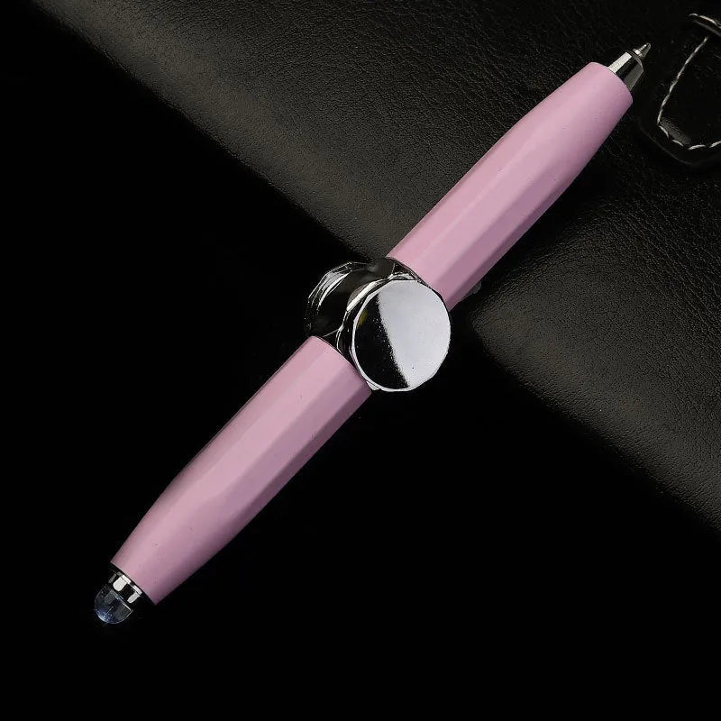 A silver metal gyro ballpoint pen with a built-in spinner section, shown with multi-coloured ink refills.