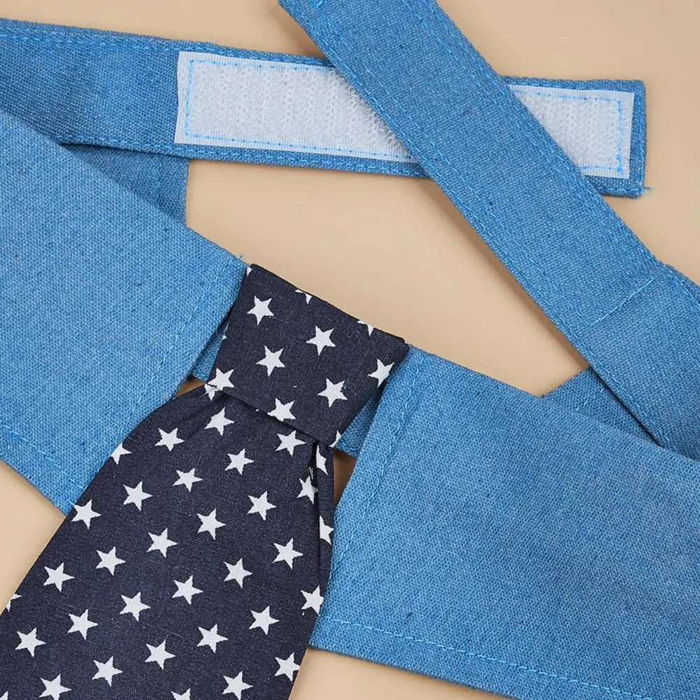 Adjustable denim star pattern dog collar with fastener tape on white background for weddings and formal events