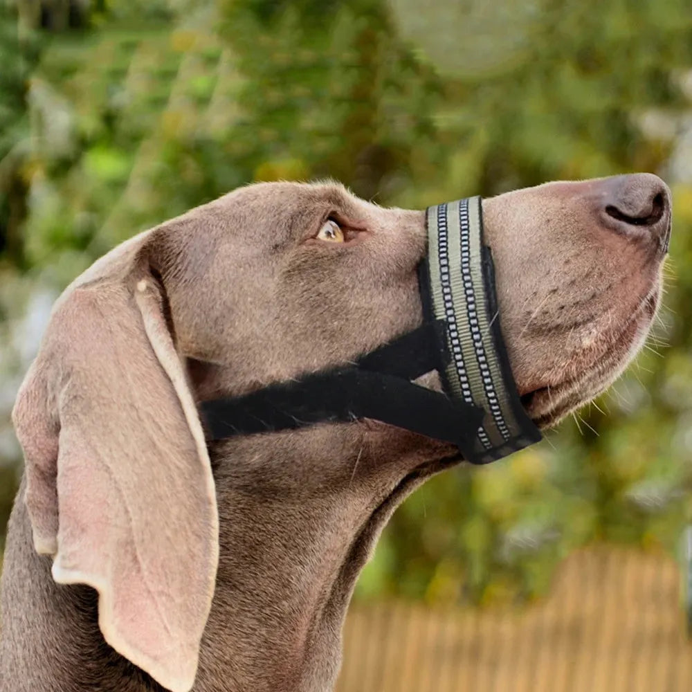 Anti-biting reflective dog muzzle for medium large dogs, adjustable nylon with breathable mesh, available in black blue khaki red