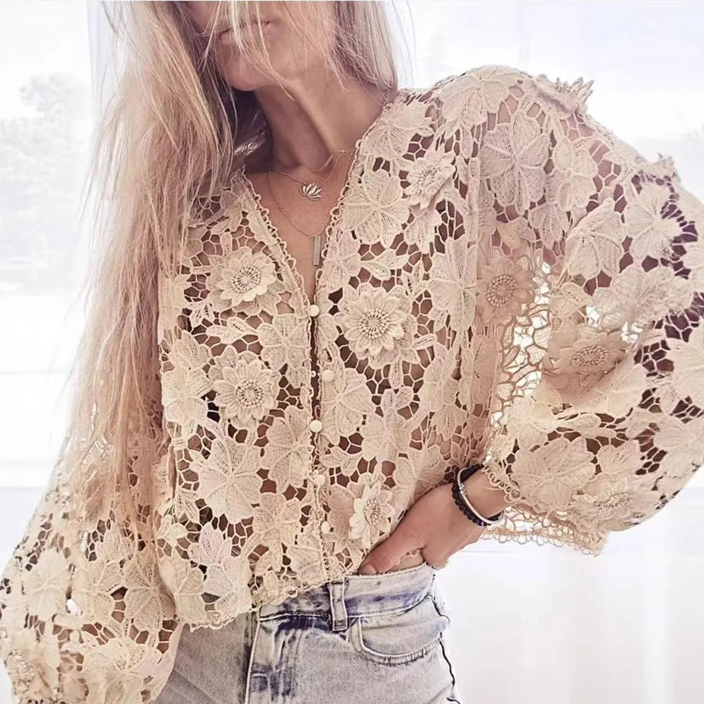 Women's lace cardigan with three-dimensional flower decoration and V-neck in black colour