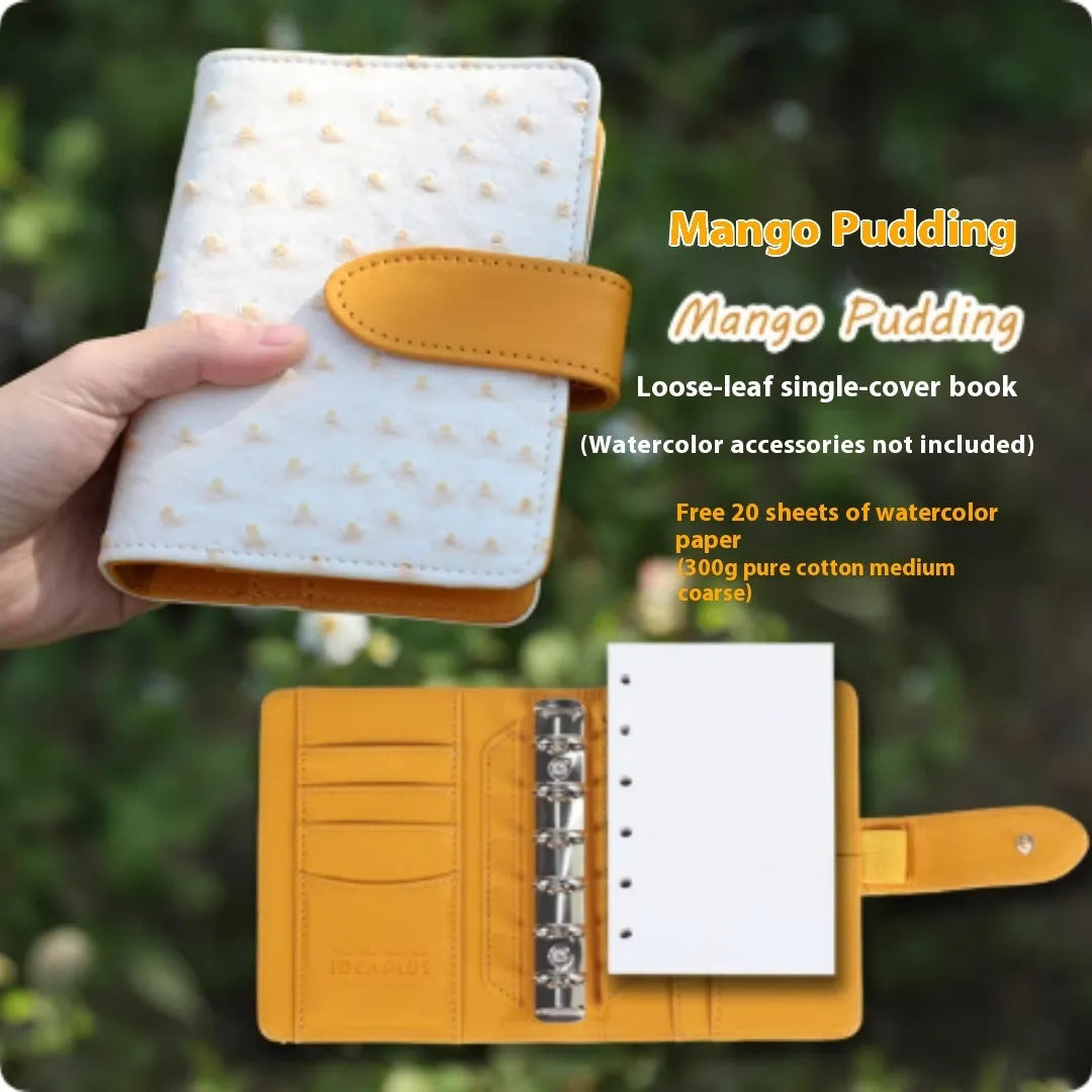 A7 loose-leaf watercolour book shown in five colour options: avocado green, hazelnut brown, mango pudding, mocha coffee and rainforest green