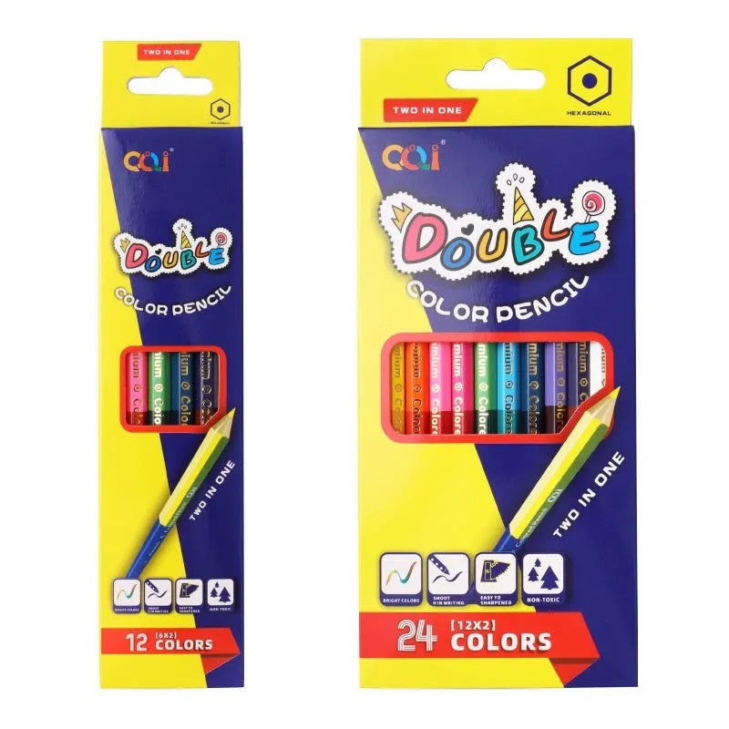 Set of wooden coloured pencils showing double-head lead tips, available in 6 or 12 piece sets.