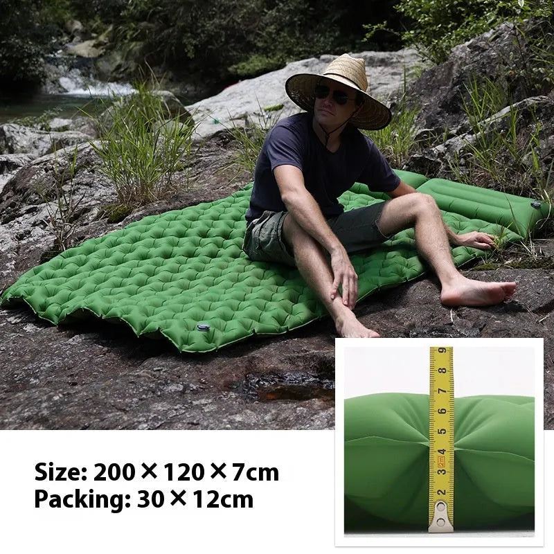 Double air mattress for camping widened outdoor airbed in army green with pillow 200x120x7cm