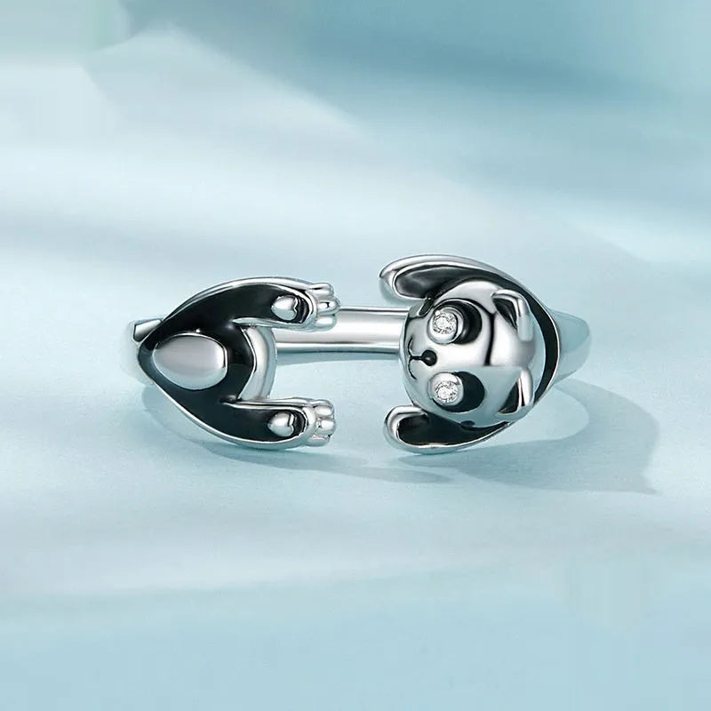 Cute panda adjustable open ring in sterling silver with white gold plating, SCR969-E colour