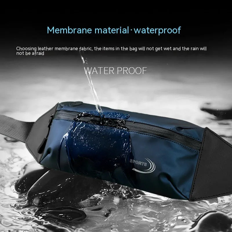 Men's black waterproof sports waist bag made from Derm Oxford polyester, shown from the side.
