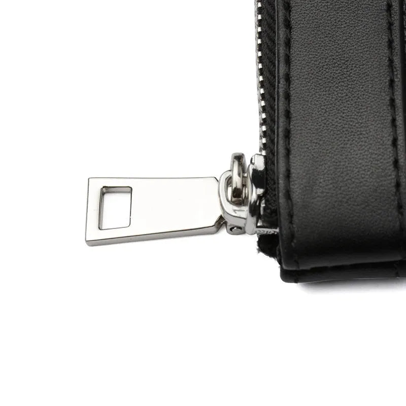 Men's black leather plaid clutch wallet showing 20×10cm dimensions and genuine cowhide construction
