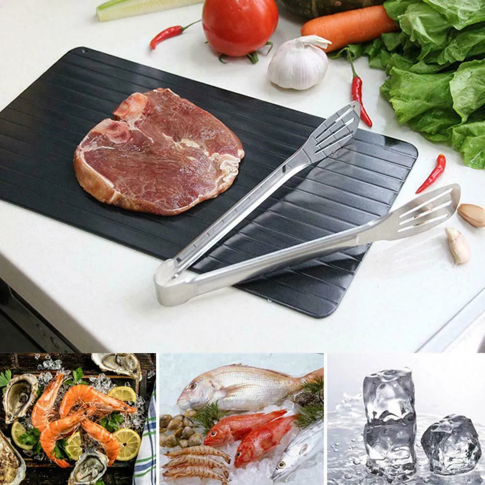Black aluminium fast defrost tray 23x16.5cm on a countertop