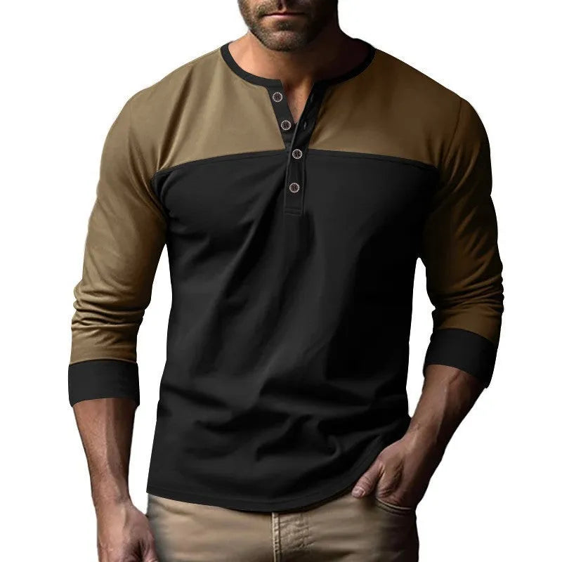 Long-sleeve Henry collar casual shirt with colour matching design in beaded twill fabric