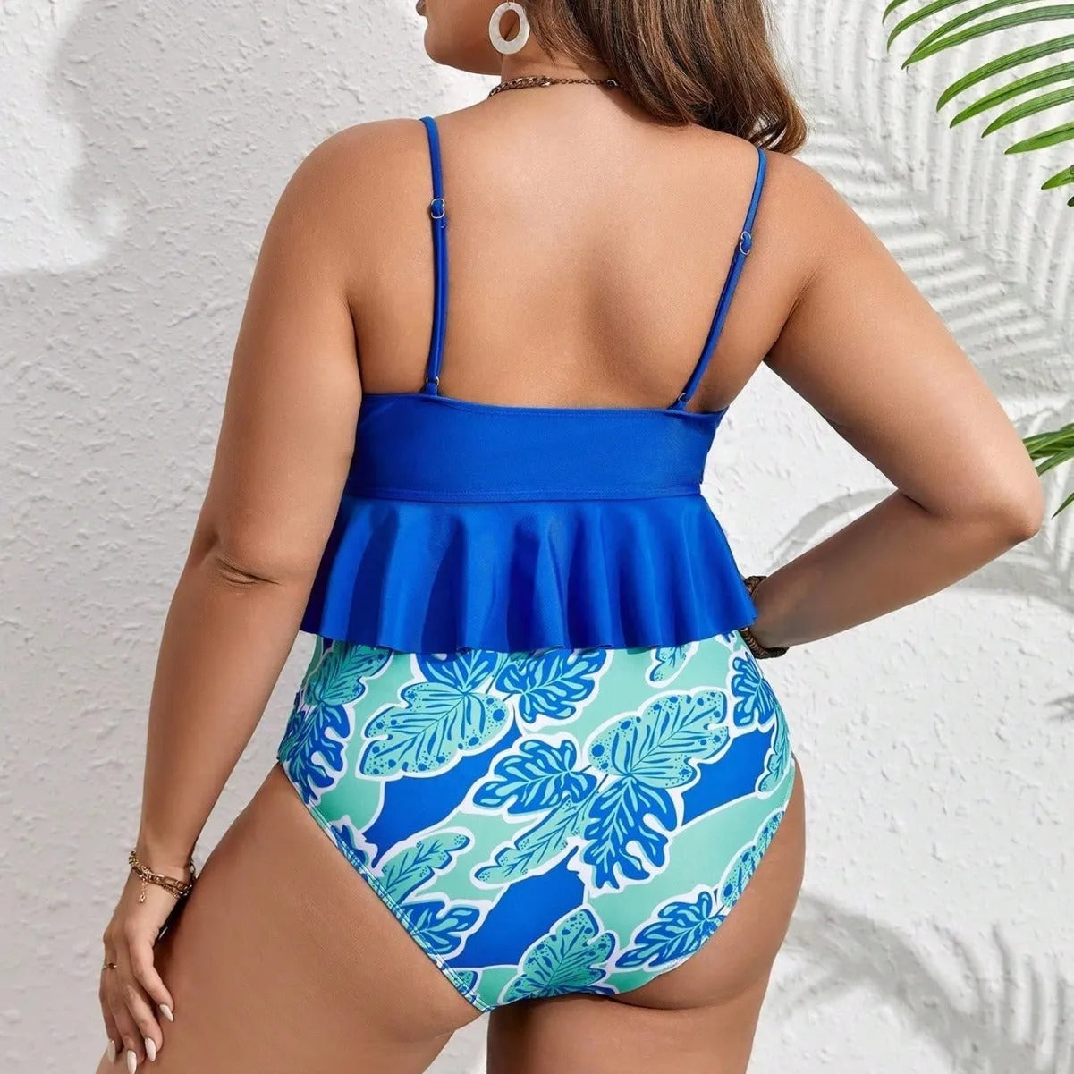 Blue polyester bikini set with separate top and shorts for European and American sizing