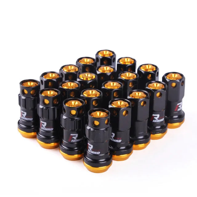 Set of aluminium alloy flat head wheel nuts in various colours including black, blue, gold, red, and purple.