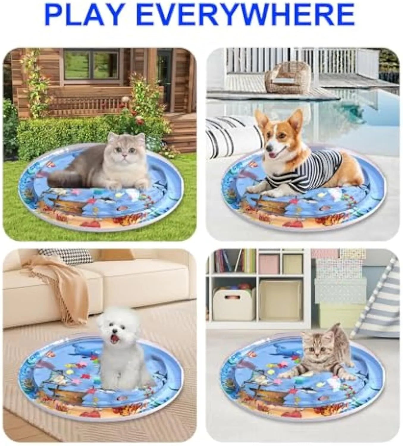 Blue round cat water mat with ocean fish floating toys and inflator, 90cm diameter